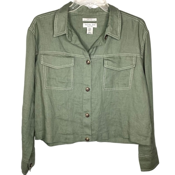 Rachel Zoe Top Jacket Women Sz M Green Linen Flax Button Down Lagenlook EUC - Picture 1 of 6